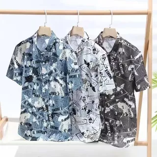 เสื้อดำคอปก เสื้อเชิ้ตแขนสั้นผู้ชาย พิมพ์ลาย 100% Polyester Dimension M-3XL