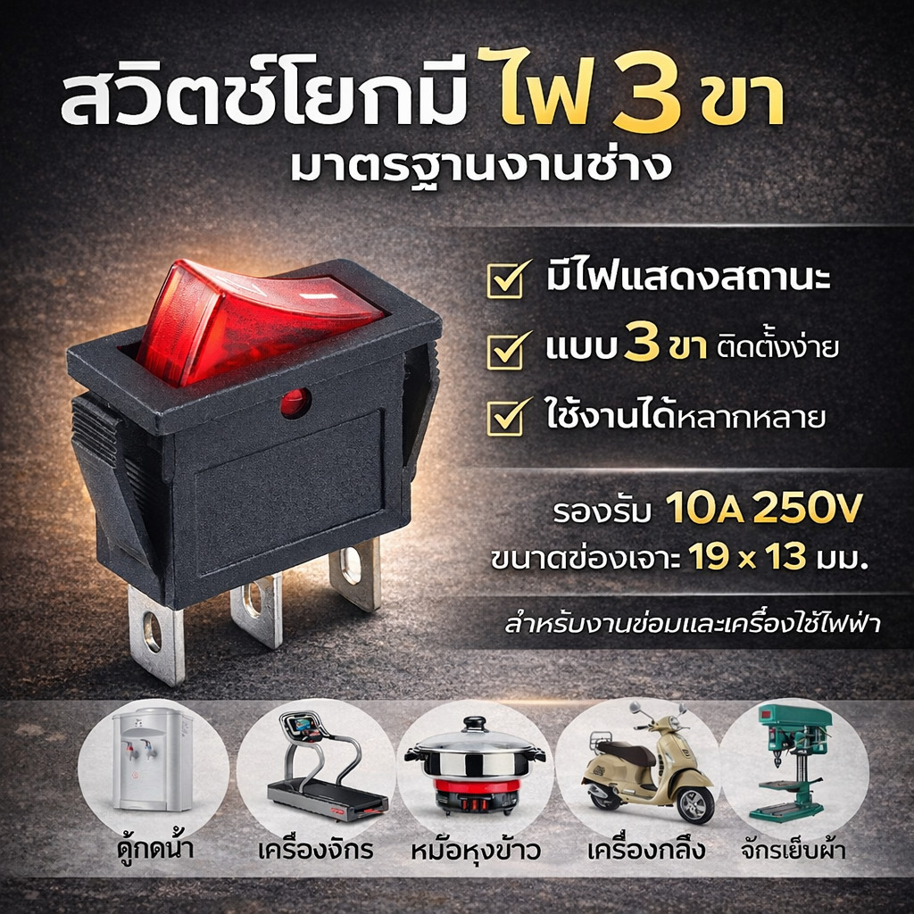 TJR สวิตช์ แลมป์ กลาง (Rocket switch) มีไฟ สีแดง 3P 15A125V,10A 250V คุณภาพมาตรฐาน สวิตช์กระดก KCD-3