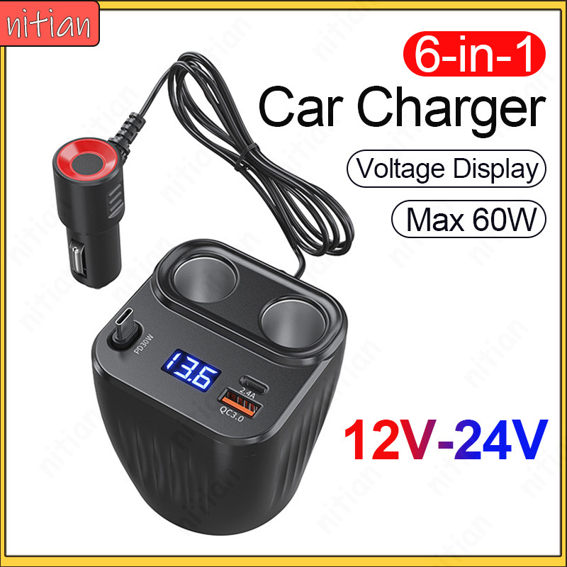 6 in 1 Multi Port Car Charger 12 V/24 V QC3.0 + PD60W Fast Charging ชาร์จโทรศัพท์ขยายสาย 2 ซ็อกเก็ตอัจฉริยะ LED แรงดันไฟฟ้าจอแสดงผลอะแดปเตอร์พลังงานสูง