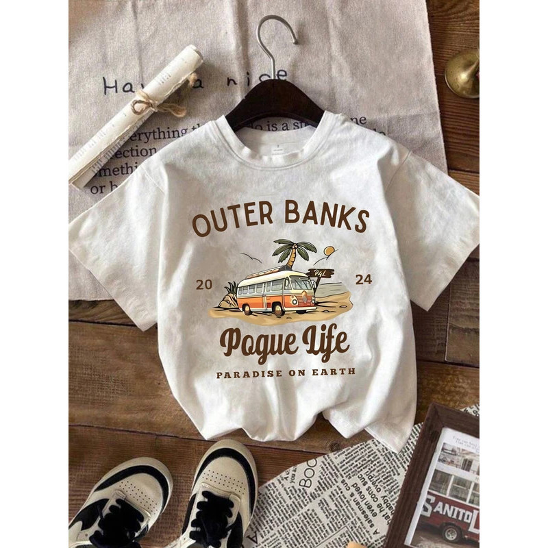 ลายตัวอักษร OUTER BANKS เสื้อยืดผู้หญิงคอกลมแขนสั้นแฟชั่นพิมพ์ลายเสื้อแขนสั้นยืด
