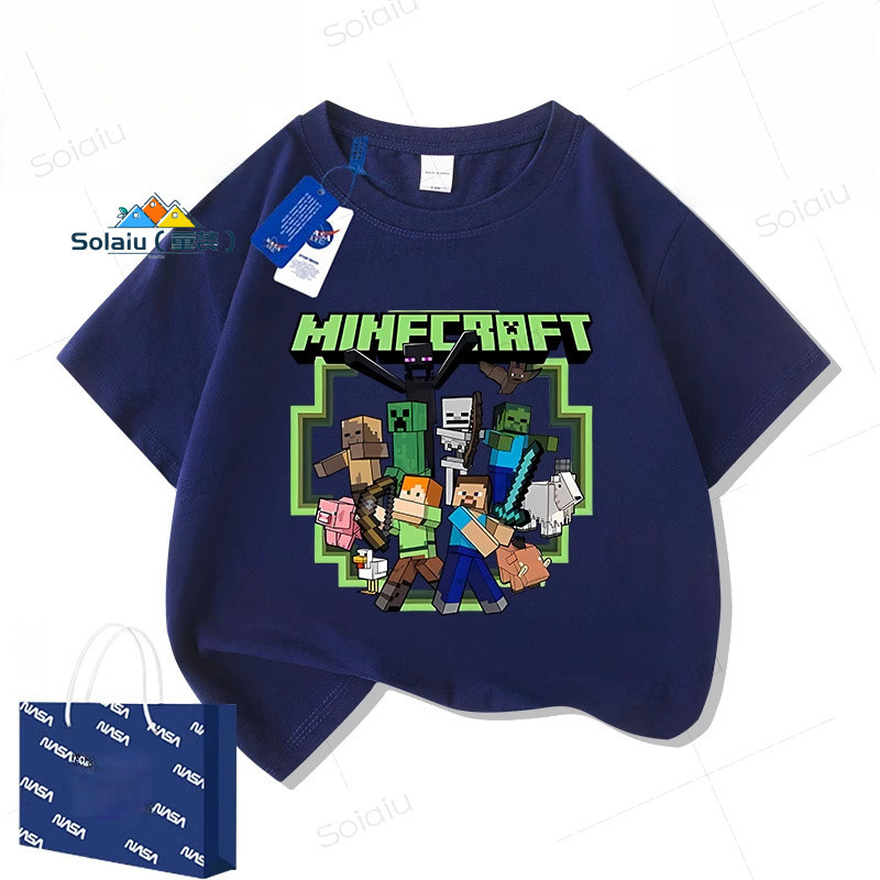เสื้อยืดมายคราฟแขนสั้นสำหรับเด็ก ทำจากผ้าฝ้ายแท้ สไตล์การ์ตูน เหมาะสำหรับฤดูร้อน