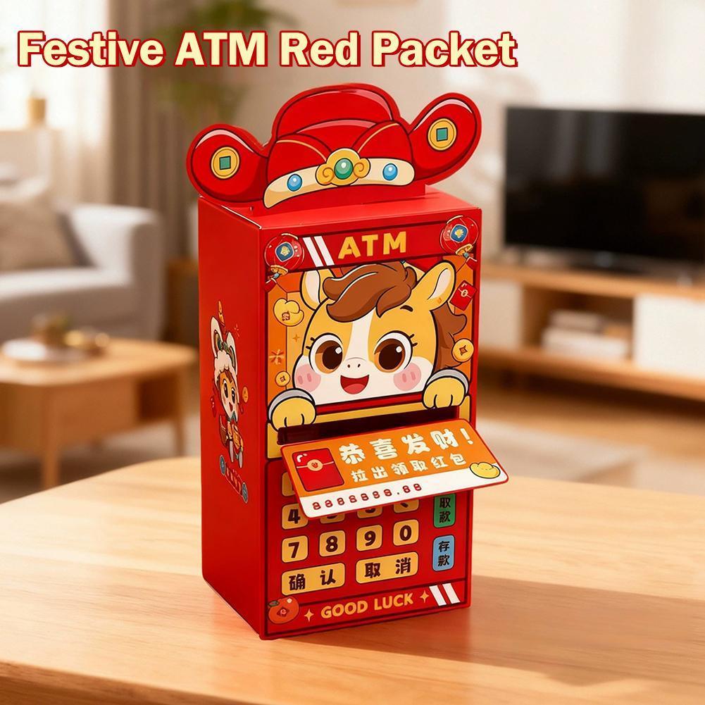 Fun Atm ซองจดหมายสีแดงปีใหม่การ์ตูนดึงออกสไตล์กล่องวันเกิดฤดูใบไม้ผลิ Lucky Draw Money U8g9