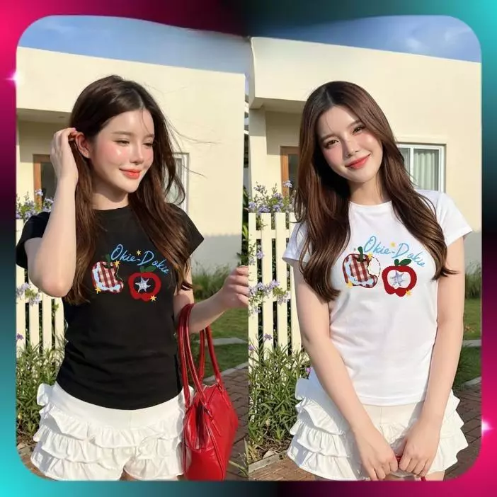 เสื้อยืดพิมพ์ลายเข้ารูป เนื้อผ้ายืดหยุ่น ลายแครอทและแอปเปิ้ล