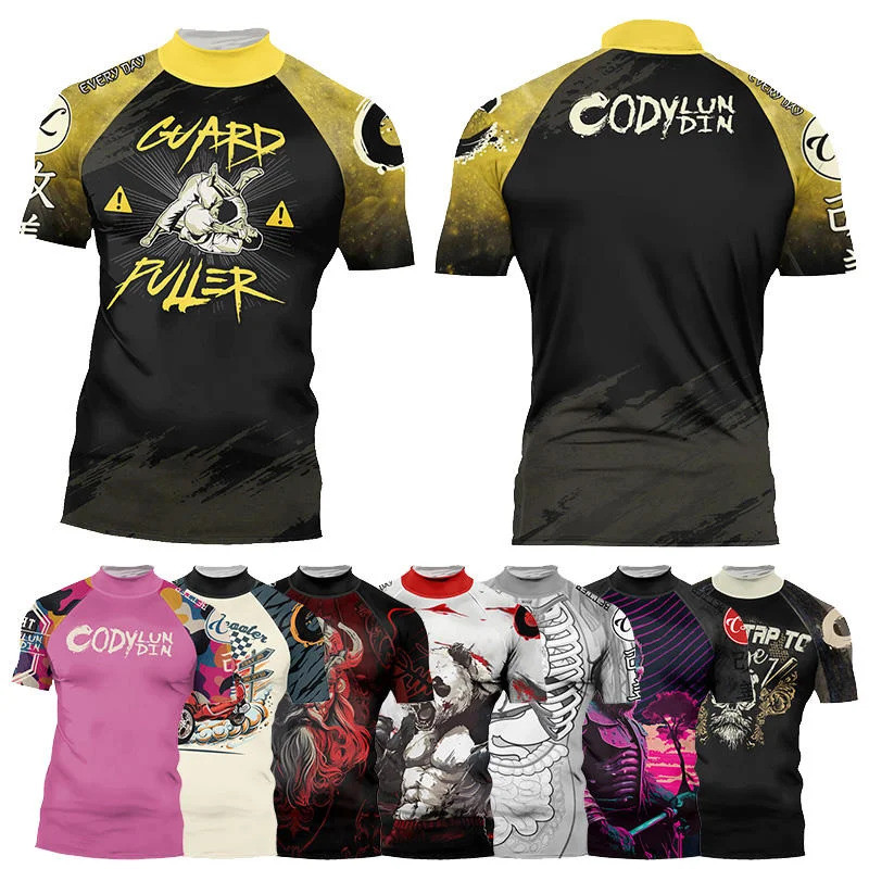 ผู้ชาย 86% โพลีเอสเตอร์ 14% Elastane Mock คอมวย MMA การบีบอัดเสื้อยืด Bjj Rash Guard BJJ Tights Tops