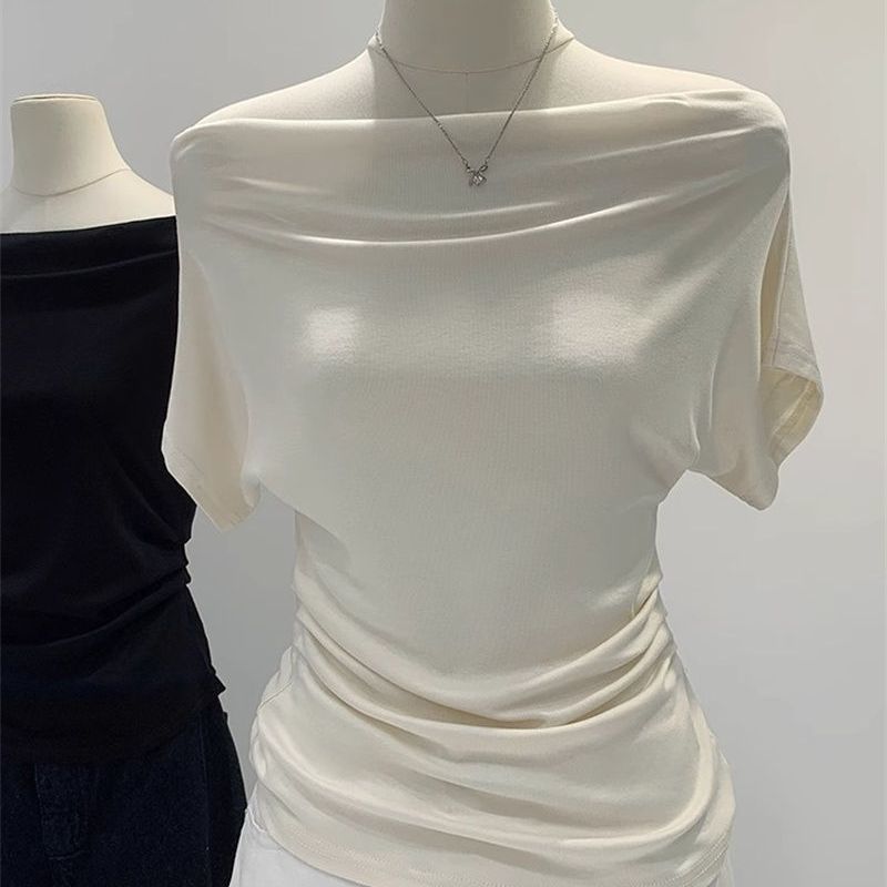 Super Feel Modal Cotton~เสื้อยืดแขนสั้นคอปกไหล่เดียวผู้หญิงฤดูร้อนออกแบบสลิมฟิตที่ไม่มีสายหนังไหล่เอ
