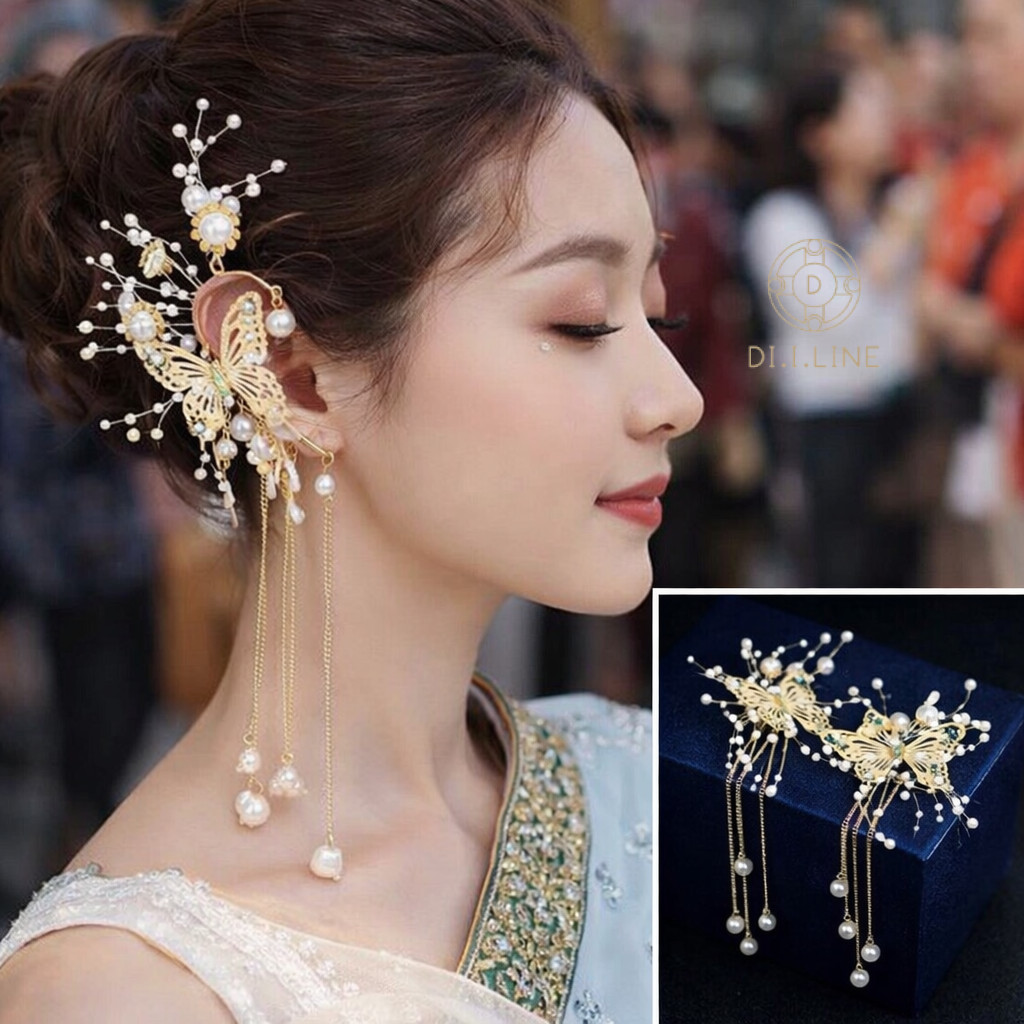 ต่างหูระย้าดอกไม้ เครื่องประดับหูผู้หญิง งานไทย ใส่ออกงาน งานรำ งานแต่ง