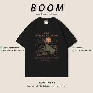 BOOM ฤดูร้อน เสื้อยืดสั้นแขนผ้ายืด สไตล์เรโทร Oversize ลาย THE NATURE CAMPING คุณภาพ ระบายอากาศดี (เงินสดปลายทาง)