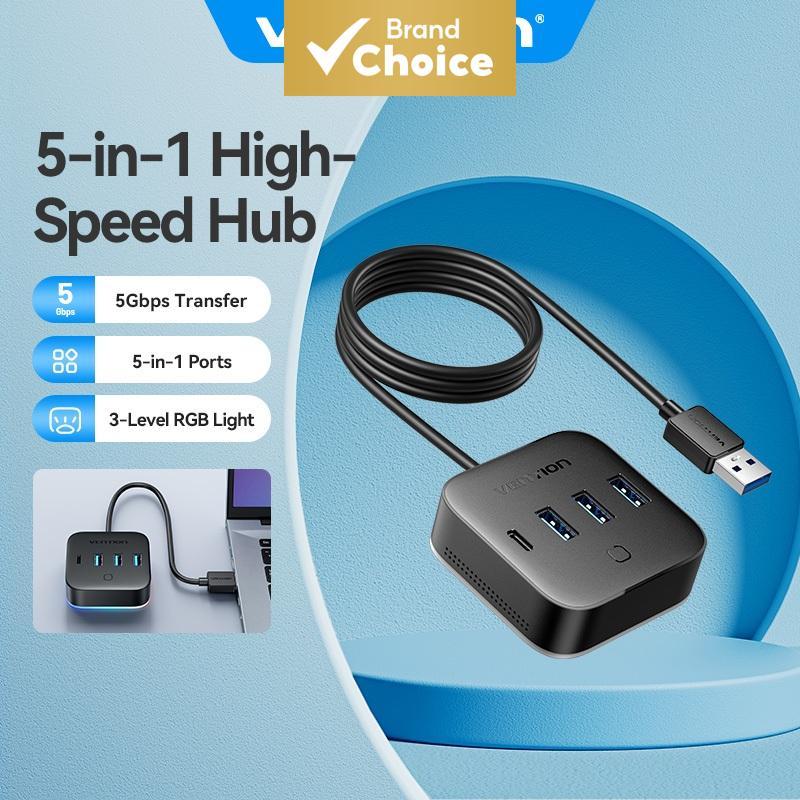 Vention USB เดสก์ท็อปฮับ 4 พอร์ต 5 ใน 1 RGB HUB สําหรับคอมพิวเตอร์/โฮสต์/อุปกรณ์จัดเก็บข้อมูลความจุสูง