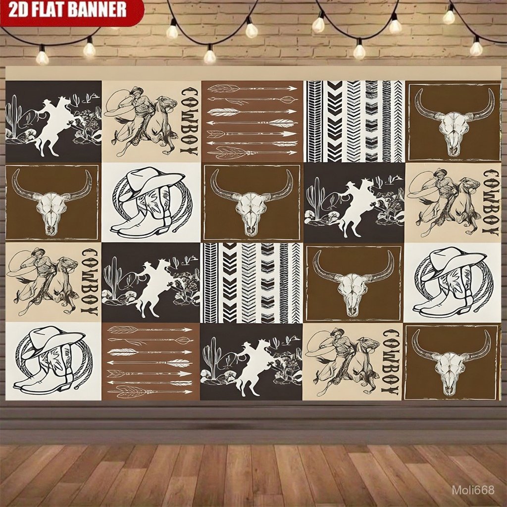 2D Flat, 2D Flat Banner, 1pc Western Cowboy Themed Backdrop Fabric Banner Featuring Repeating Patter