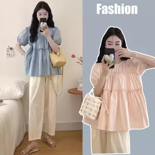 เสื้อเชิ้ตแขนตุ๊กตา ทรงเค้กหลวมๆใส่สบาย ปิดหน้าท้องได้ดี แฟชั่นฤดูร้อนสไตล์เกาหลี-พร้อมส่งจากไทย-รุ่นW630