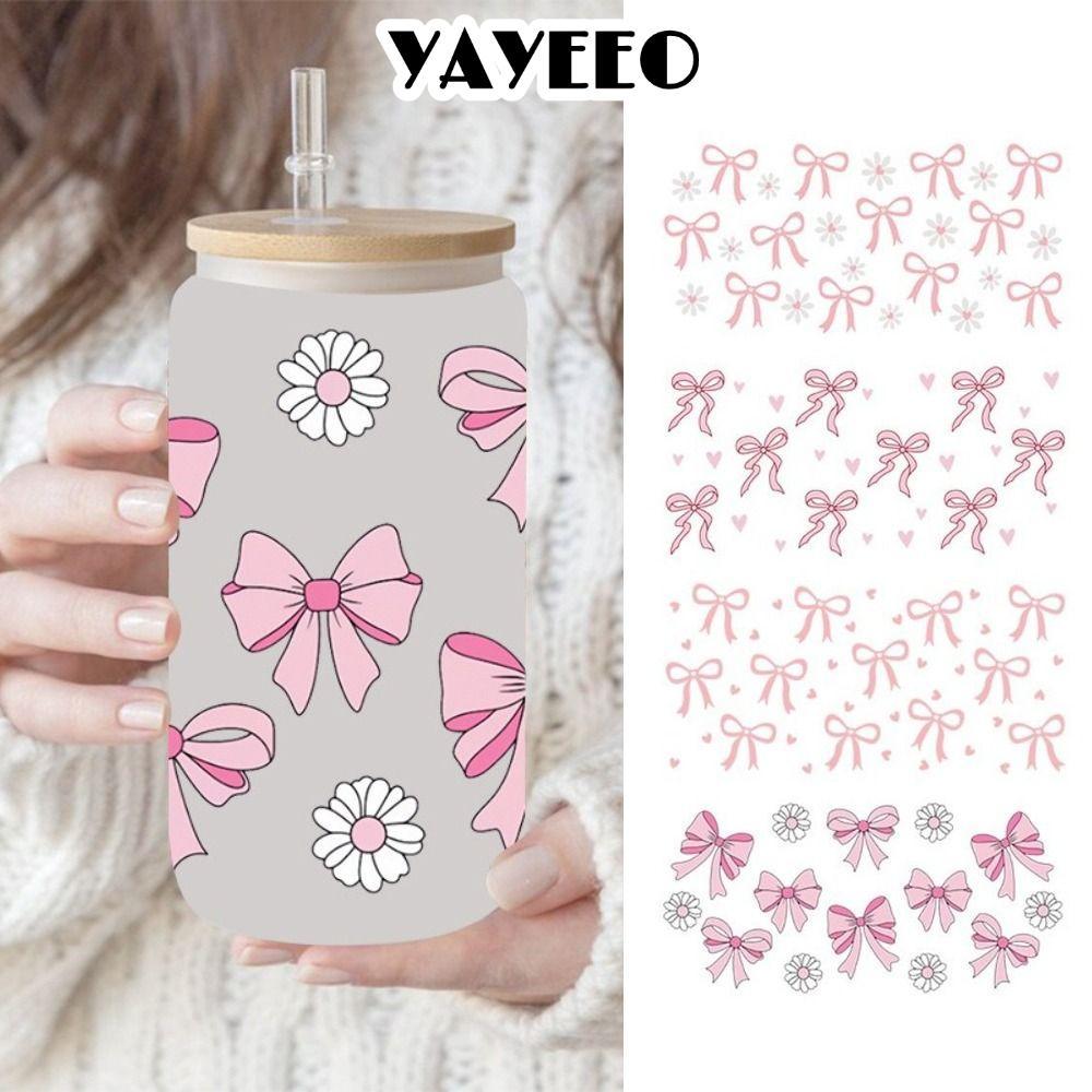 YAYEEO Wrap Stickers, Waterproof UV DTF Transfer Stickers, Smooth Pink Bow Decals สําหรับถ้วยแก้ว 16