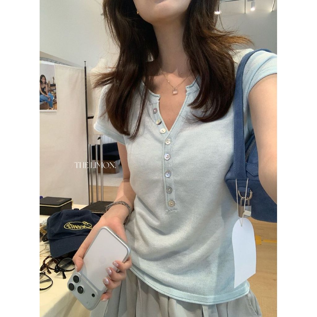 เสื้อนิตติ้งแขนสั้น เปิดกระดุม สำหรับฤดูร้อน สวมใส่ง่ายและทนทาน