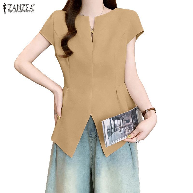 คอลูกเรือแขนสั้นสไตล์มินิมอลสำหรับการทำงาน ออกแบบเก็บเอวอย่างสวยงาม