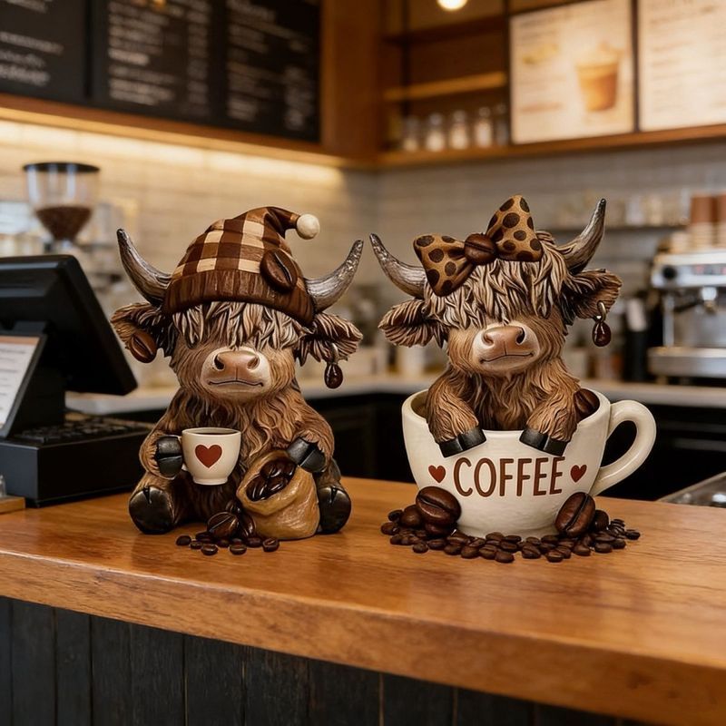 ใหม่ Highland Beef รูปปั้นเรซิ่นตกแต่งธีมกาแฟ Highland Beef รูปปั้นเรซินแคระ Garden x