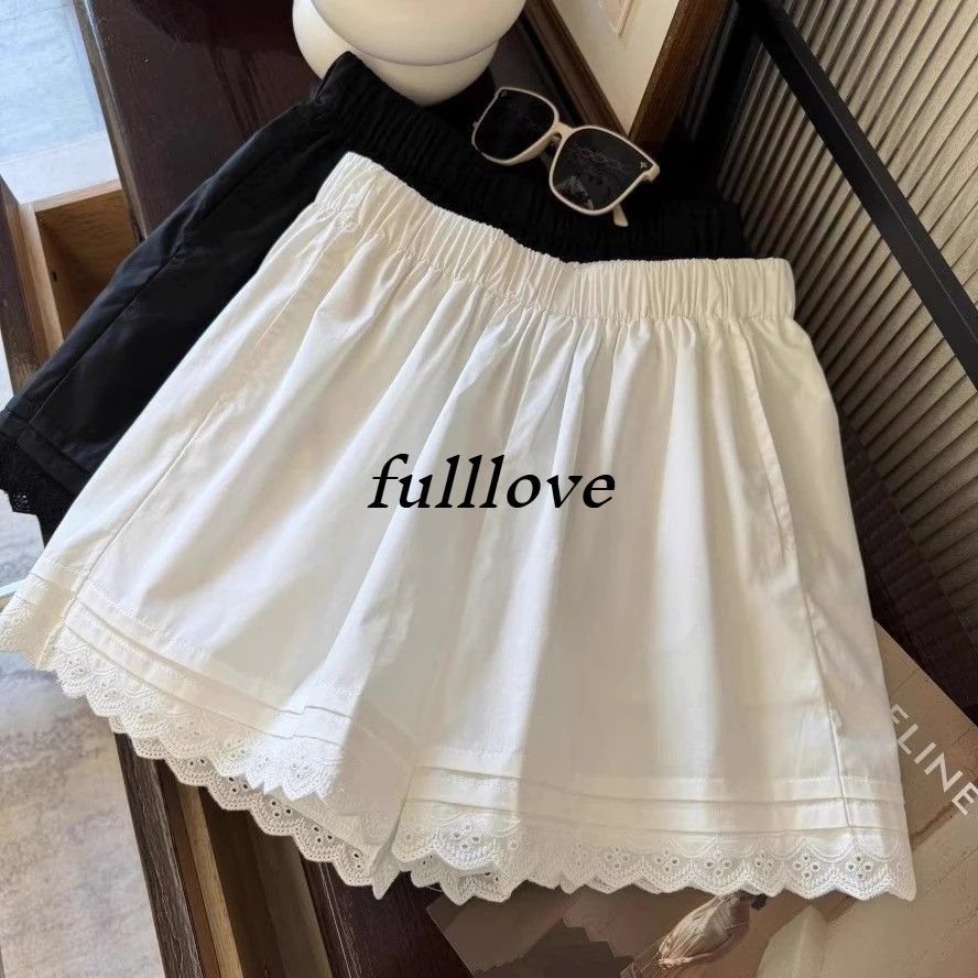 [ส่งไวจากไทย] Fulllove กางเกงขาสั้นเอวสูง แฟชั่น ของผู้หญิง หลวม ลูกไม้ สีทึบ ขนาดใหญ่ สันทนาการ อเนกประสงค์