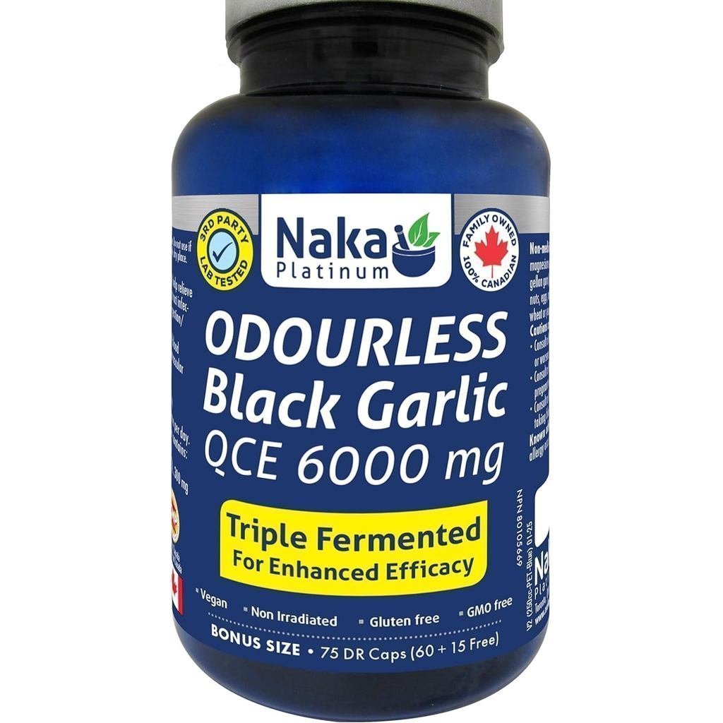 Naka Platinum Odorless Garlic QCE 6000 mg Triple Fermented for Enhanced Efficacy Made in Canada (75 