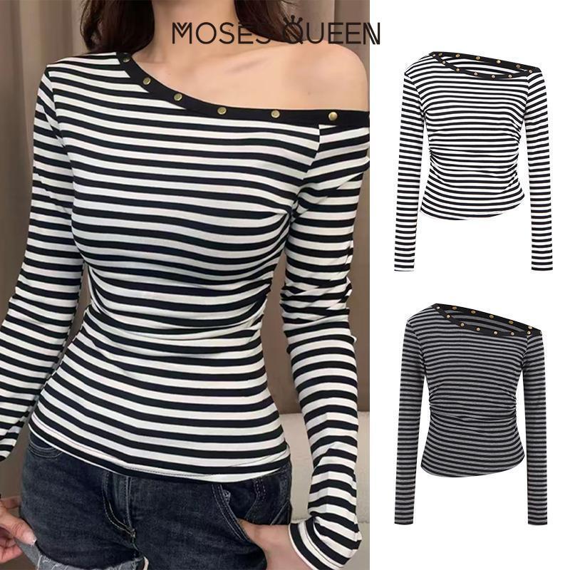 MOSESQUEEN เสื้อยืดแขนยาวออฟเดอร์ลายทาง ดีไซน์ปุ่มโลหะ สำหรับการแต่งตัวในชีวิตประจำวัน ออกเดตกับการเดินทาง #32286