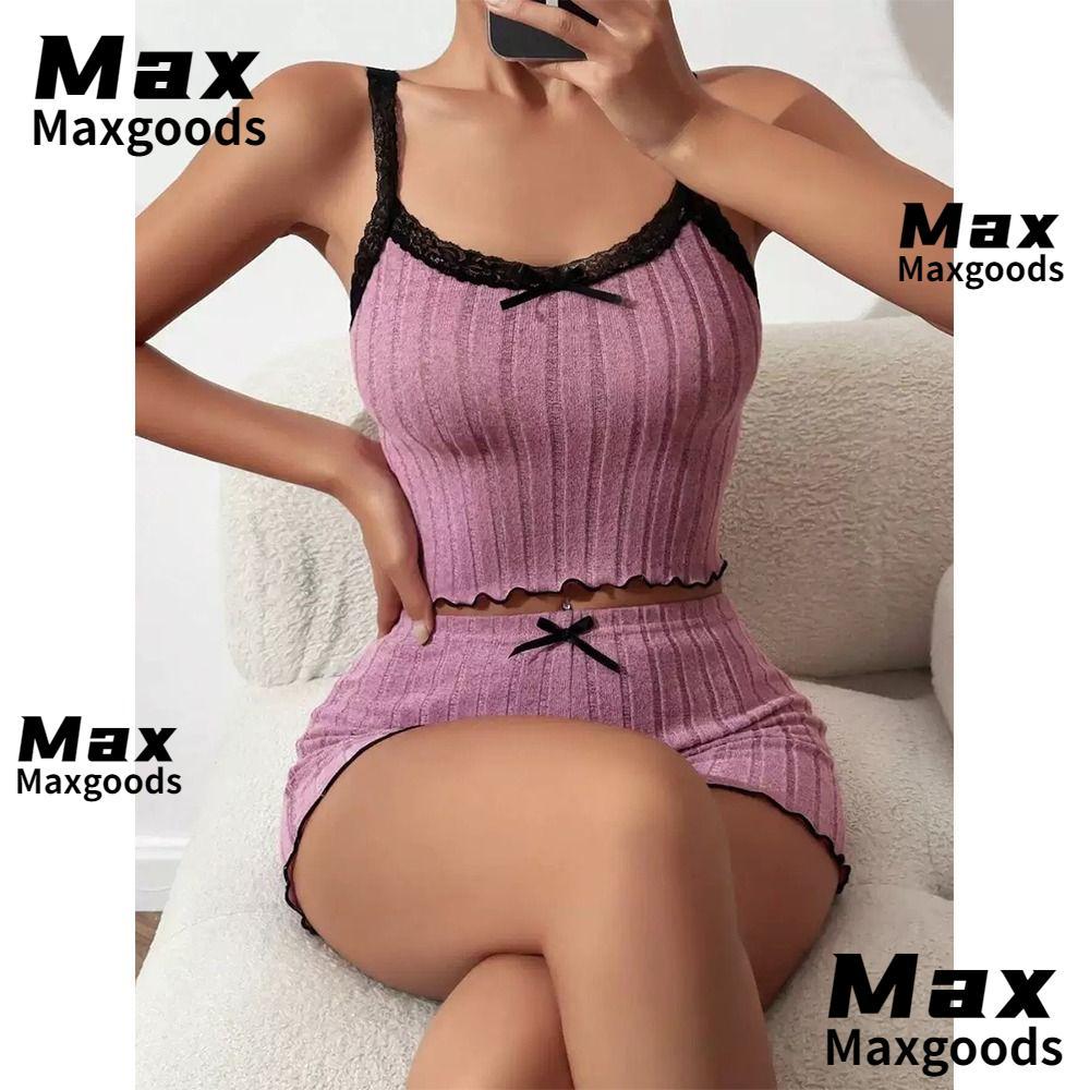 MAXG 2 ชิ้นผู้หญิง Ribbed ถักชุดนอนชุด,นุ่มลูกไม้ Trim Lettuce Hem กางเกงขาสั้น, น่ารัก Bow Cami Cro