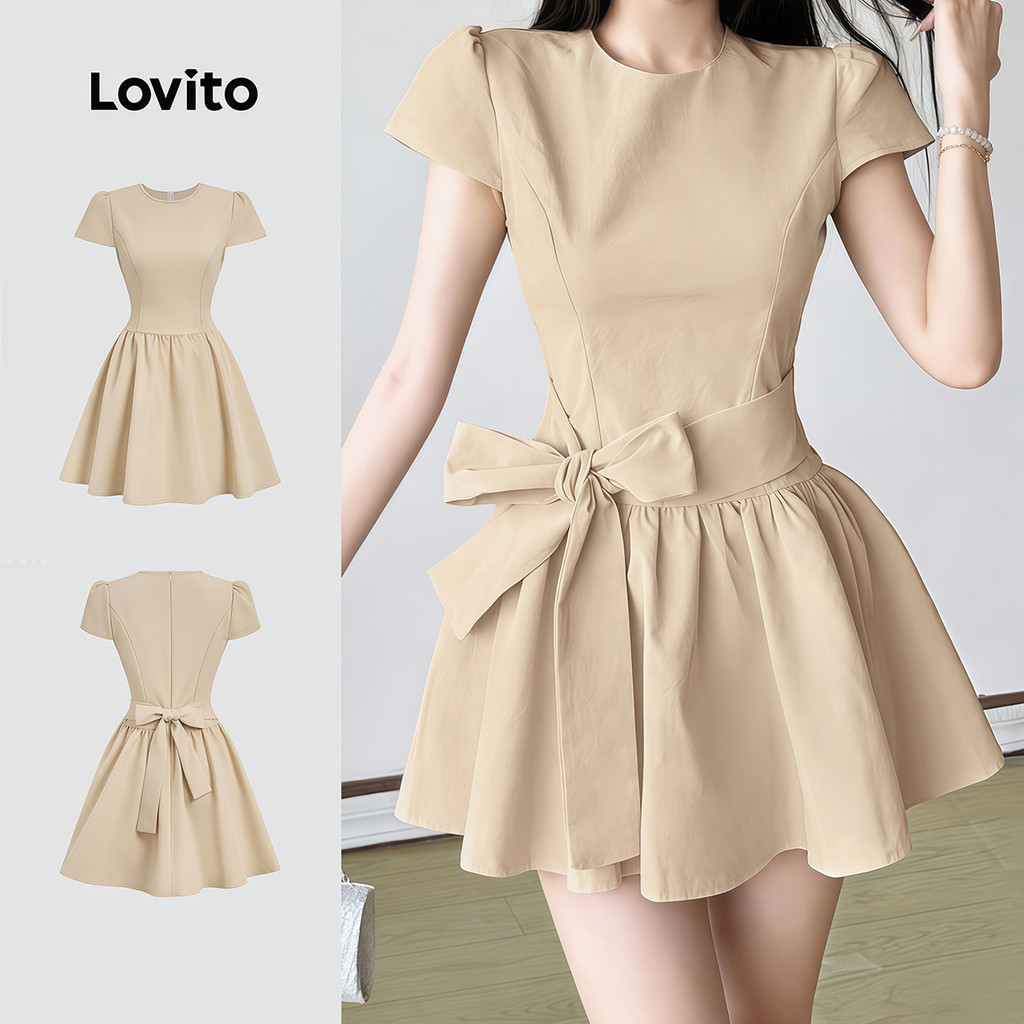 Lovito เดรสลําลองเรียบง่ายสําหรับฤดูใบไม้ผลิ/ฤดูร้อน เดรสคาฮากิสีกากีสําหรับผู้หญิง L190ED410