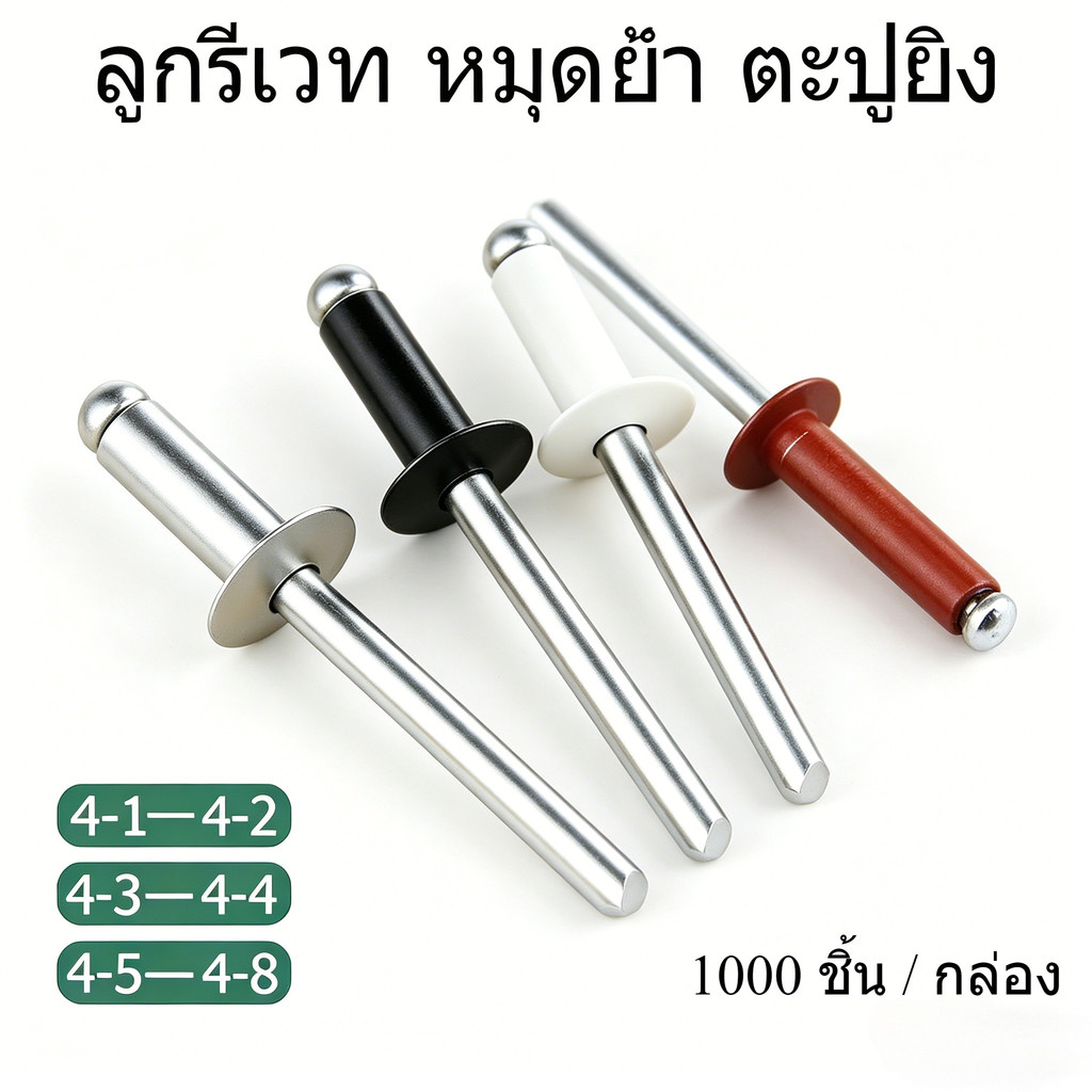 ลูกรีเวท หมุดย้ำ ตะปูยิง สีหลากหลาย 4-1~4-8 1000 ชิ้น / กล่อง สแตนเลส ทนทาน สำหรับงานติดตั้งวัสดุ