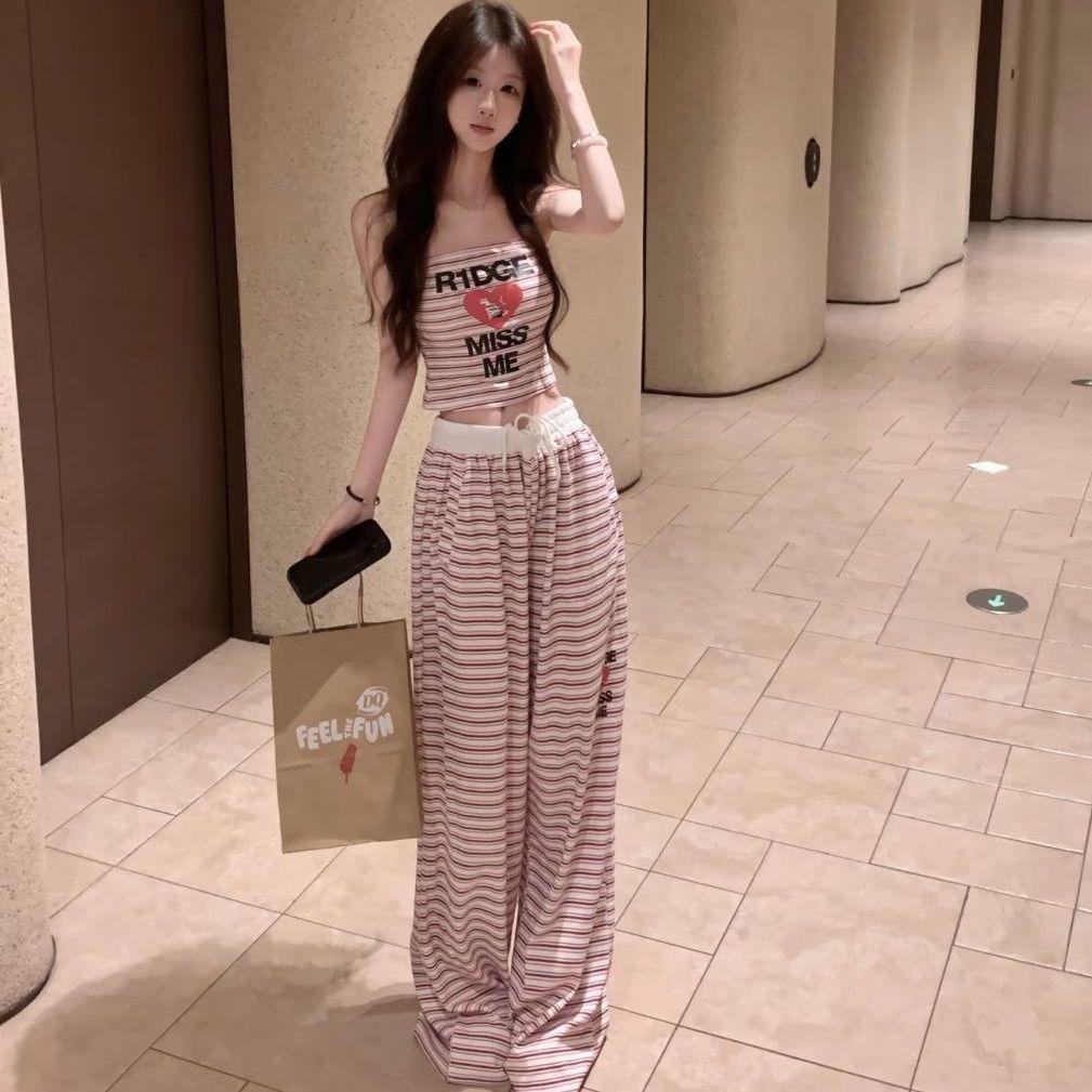 สูทแขนกุดผู้หญิงสำหรับฤดูร้อน ดีไซน์ลายเสื้อกั๊ก เอวสูง ขาขึ้นกว้าง สวมใส่ง่ายและดูผอม
