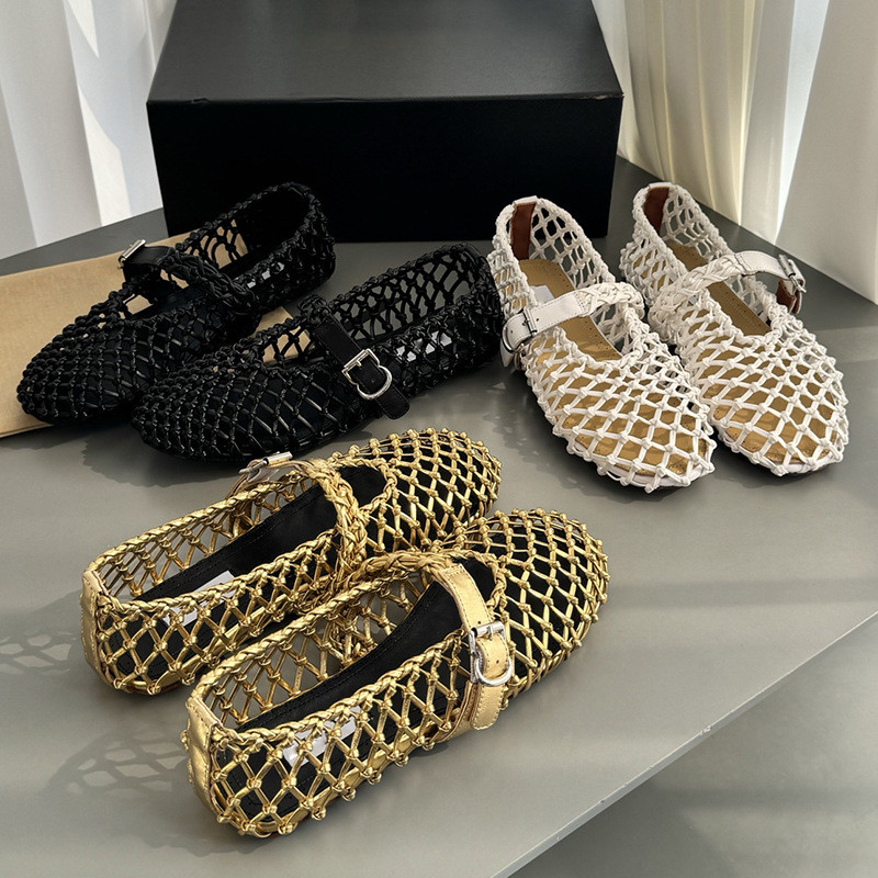 L3YH Alaia Hand-woven Korean-style hollow-out genuine leather shallow single shoes for women, flat F