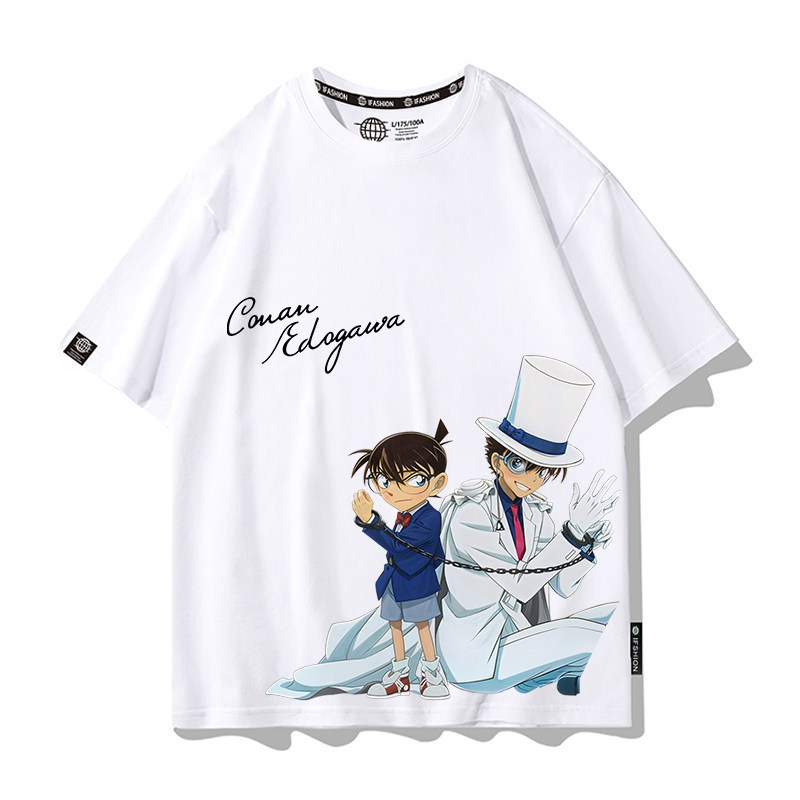 เสื้อยืดแขนสั้นลายอนิเมะนักสืบโคนัน สีขาว ทรงหลวม