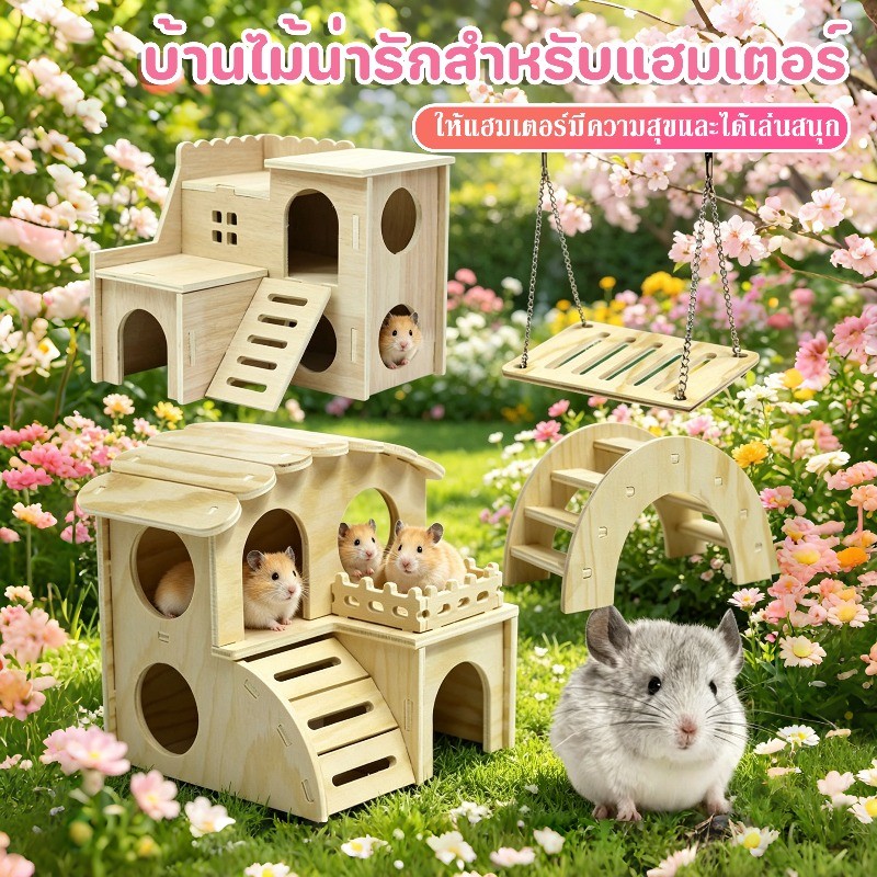 บ้านไม้และของเล่น บ้าน2ชั้น แฮมเตอร์ สัตว์เลี้ยงขนาดเล็ก มีพื้นที่เพียงพอ ติดตั้งง่าย รูปทรงน่ารัก เหมาะสำหรับแฮมเตอร์