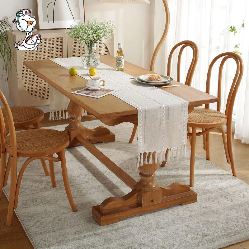 Ourwarm Farmhouse Linen Table Runner ครีมแถบขาวและพู่ 13x63 นิ้ว (33x160ซม.) โต๊ะ Boho