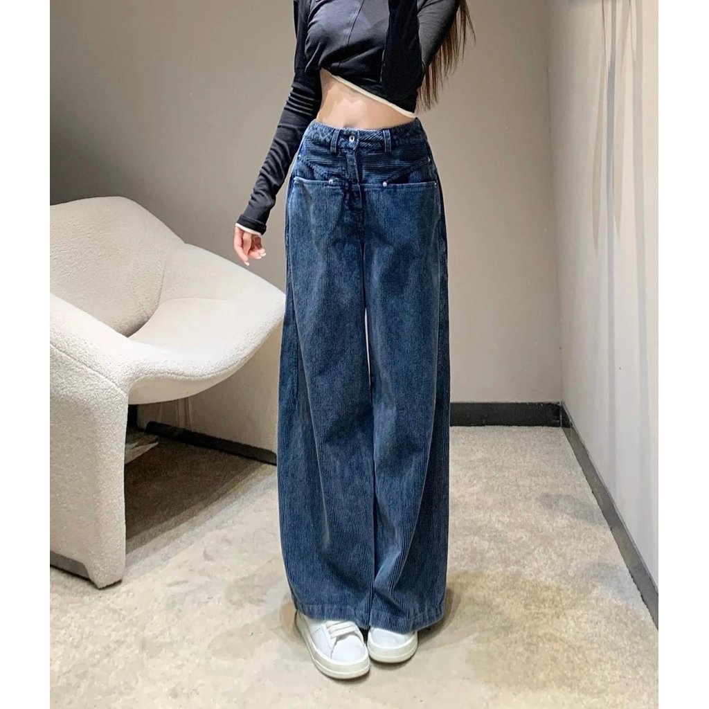 Miumiu Muse กางเกงขากว้าง Corduroy Retro Denim Blue สำหรับแต่งตัวลำลองและเหมาะทุกโอกาส