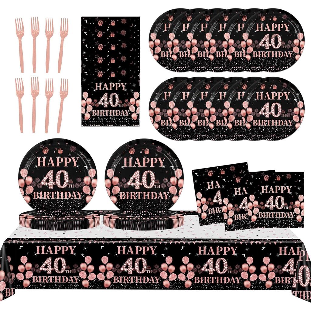 ตกแต่งวันเกิด 40th สําหรับผู้หญิง,61 ชิ้น Rose Gold 40th ตกแต่งวันเกิดบนโต๊ะอาหารรวม Happy 40th แผ่น