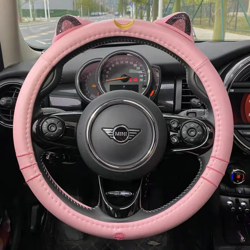 Cartoon Cute Leather Pink Black Green Steering Wheel Cover with Ears Cat D-Cut 38cm for Jeep Mazda H