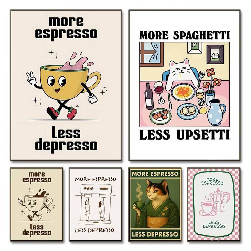 1 ชิ้น Frameless,More Espresso,Less Depression พิมพ์,เครื่องชงกาแฟ,แมวดื่มกาแฟการ์ตูนผ้าใบ Wall Artist ตกแต่งบ้าน