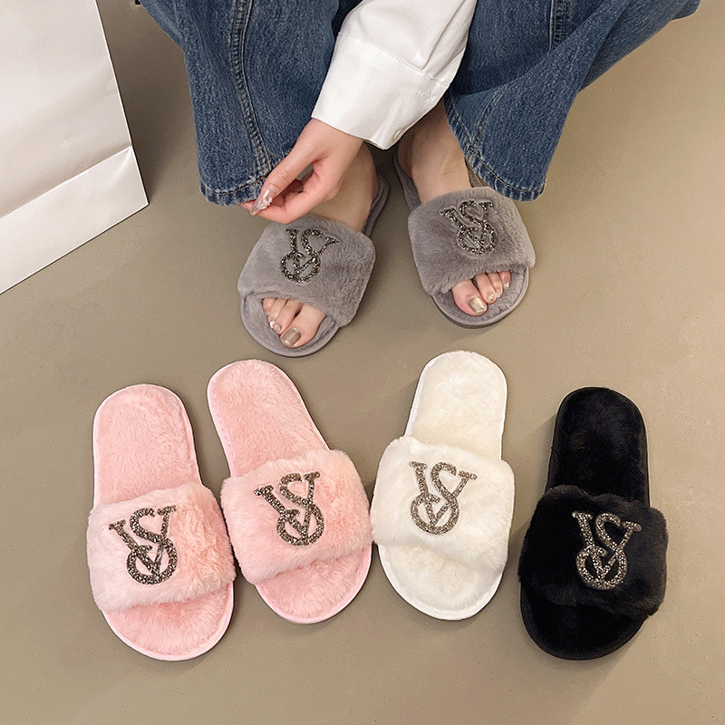 Xiaoxiangfeng รองเท้าแตะผ้าฝ้ายผู้หญิงฤดูใบไม้ร่วง Rhinestone สวมใส่กลางแจ้ง Plush Soft Sole การค้าต่างประเทศรองเท้าแตะบ้านในร่มขนาดใหญ่