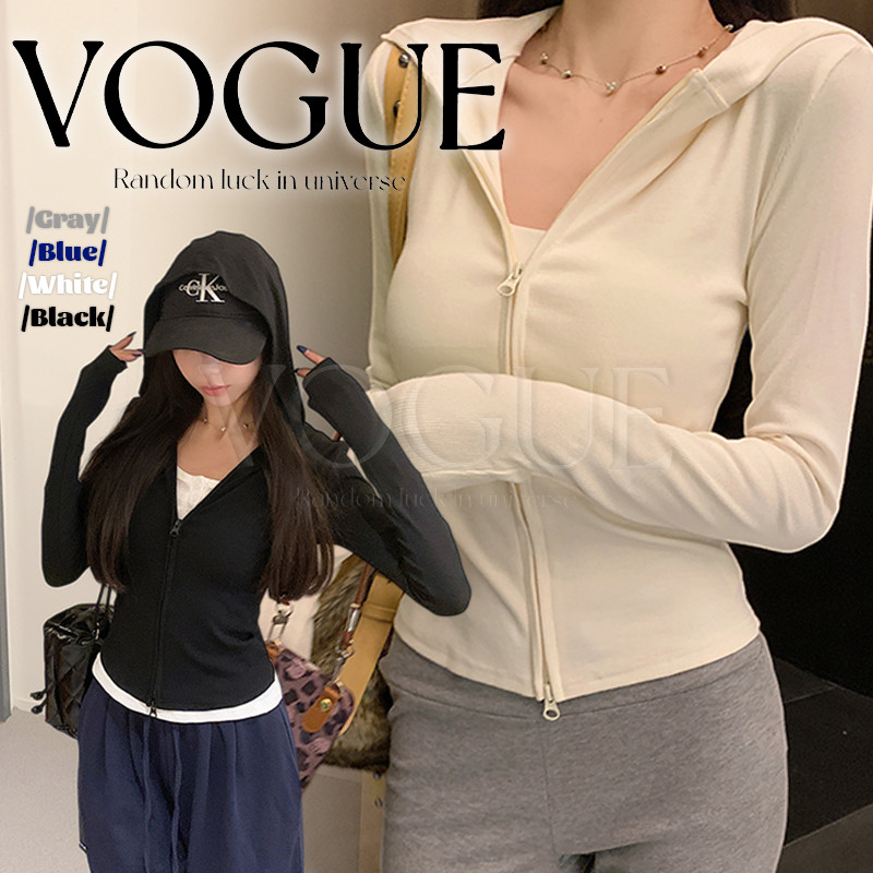 Vogue🌟พร้อมส่ง🌟 เสื้อคลุมแขนยาว มีฮูดดี้ ซิปด้านหน้า สีพื้น4สี (FY7847)