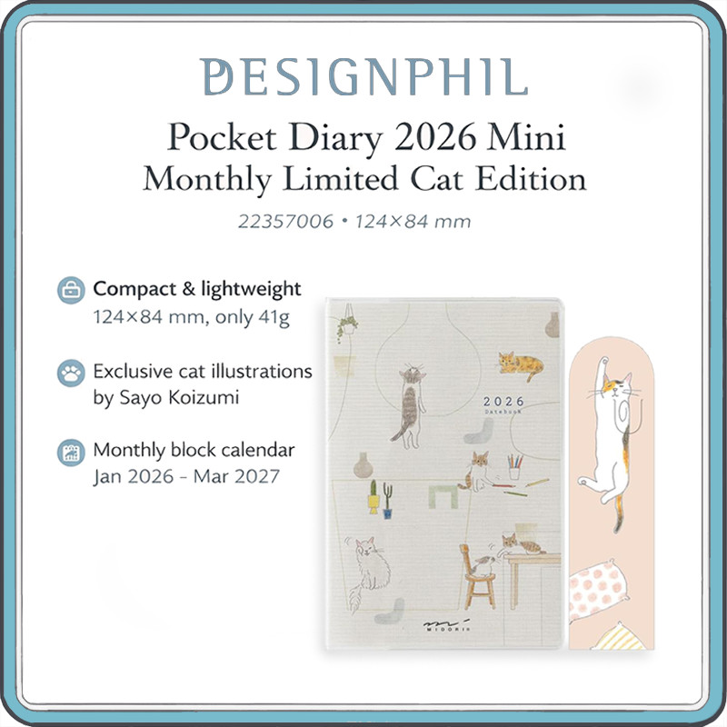 Midori Pocket Diary 2026 Cat Edition – 15 Month Monthly Planner with Bookmark, January 2026 Start, J