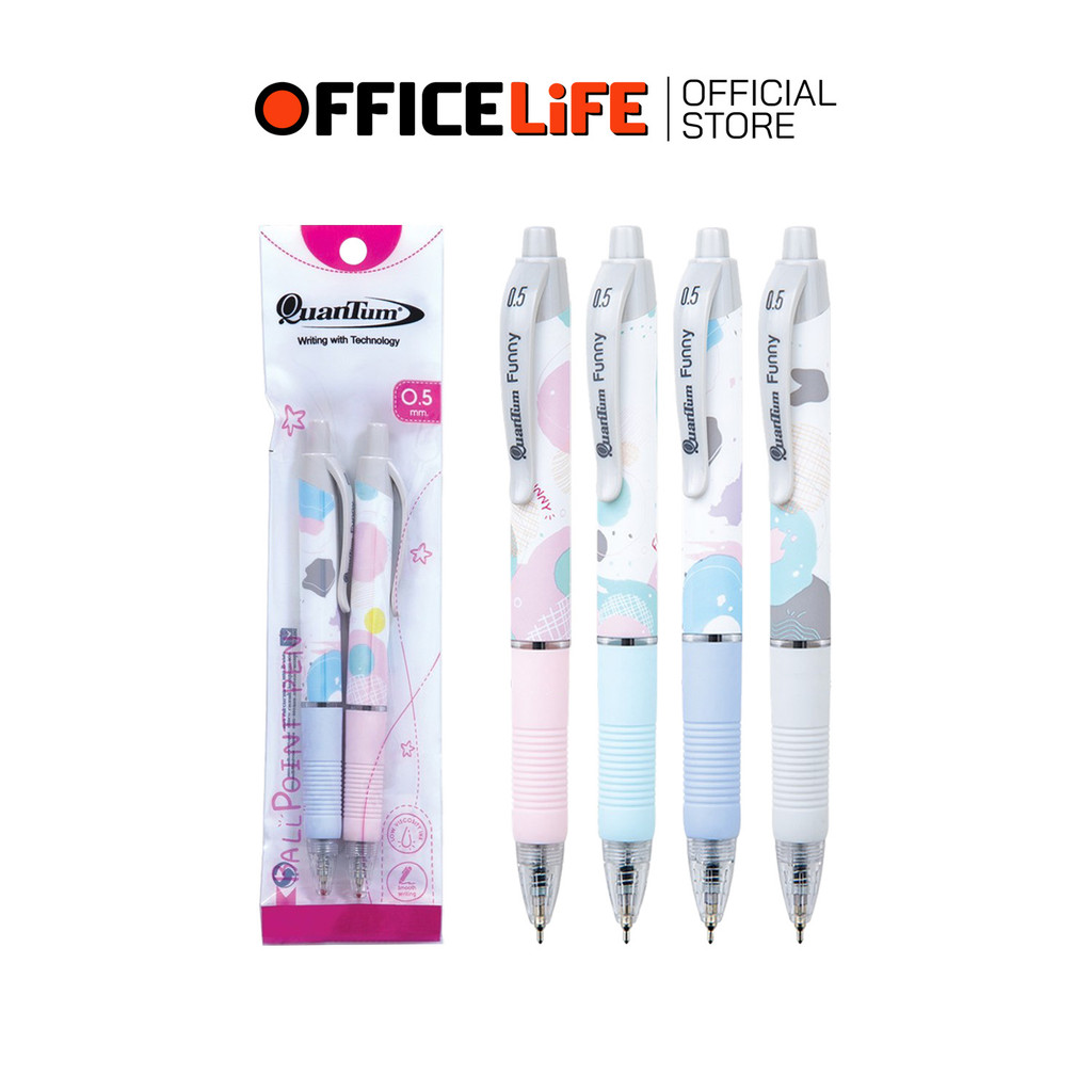 Quantum (ควอนตัม) ปากกา ปากกาลูกลื่น รุ่น FUNNY หมึกสีน้ำเงิน ขนาด 0.5 mm. ( 2 ด้าม / แพ็ค คละสี )