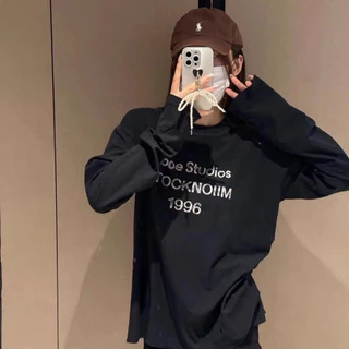 KYO 🌸 【พร้อมส่ง】ดำแฟชั่น เสื้อยืดเเขนยาว ผู้หญิง พิมพ์ลาย "AOOE STUDIOS" OVERSIZE ผ้าCOTTON ไม่ต้องรีด