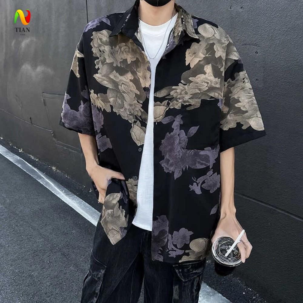 INQUIRY IMPACT Beachwear เสื้อผู้ชาย, หลวมผู้หญิงดอกไม้เสื้อ, สไตล์เกาหลี V คอปุ่ม Up Streetwear เสื