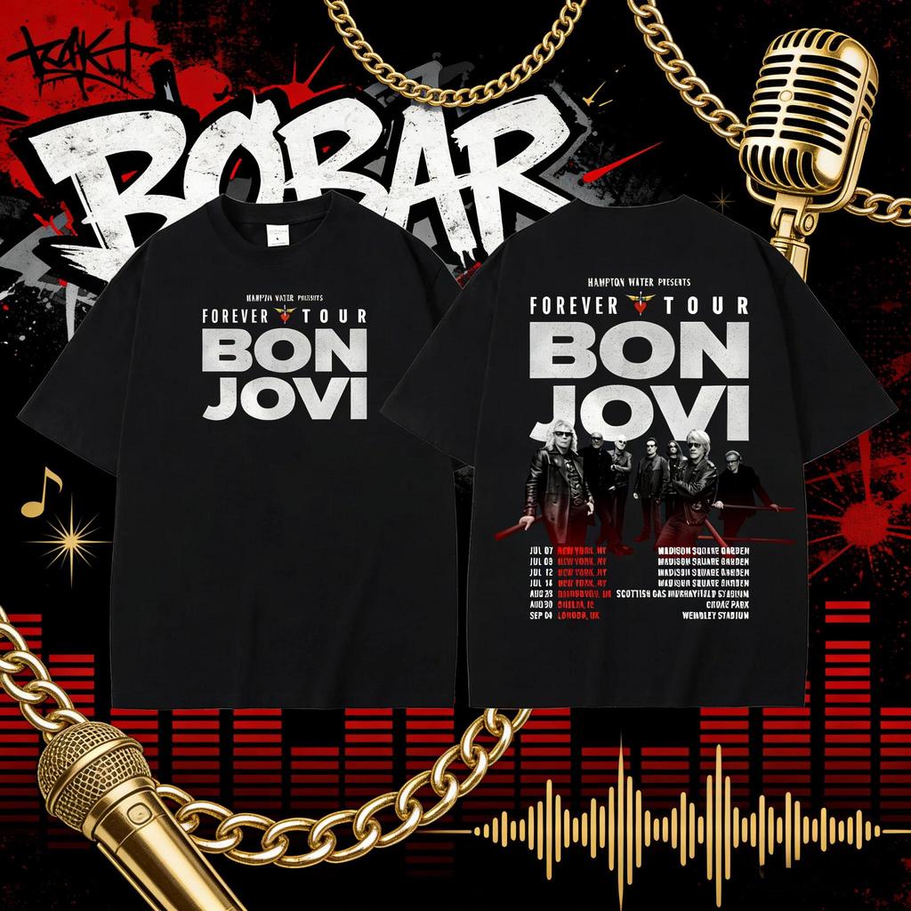 Bon Jovi วงร็อคนิรันดร์การเดินทางเสื้อยืดผู้ชายฮิปฮอปย้อนยุคผ้าฝ้ายแขนสั้นหลวมเสื้อลำลอง
