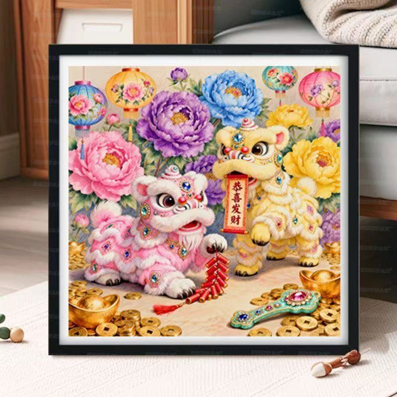 ปักครอสติสสไตล์ใหม่ Double Lion Fortune ดอกไม้ Blooming Fortune Peony ขอแสดงความยินดีสําหรับ Fortune New Year Festive Handmade Thread Emb – โปรปัง