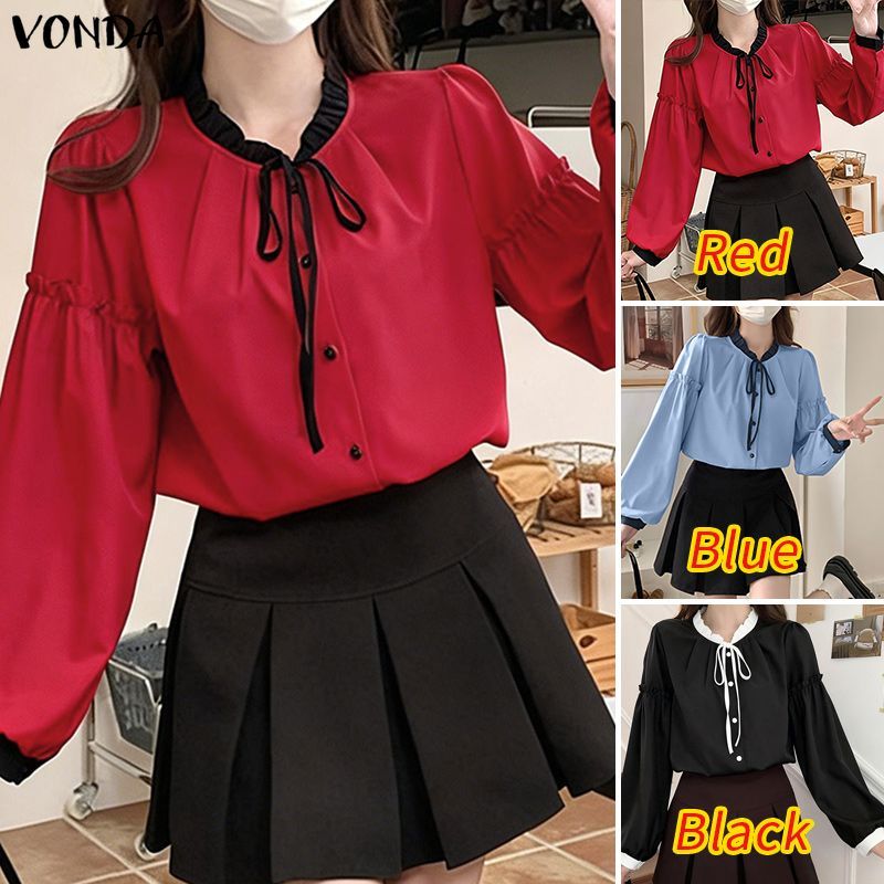 VONDA เสื้อแขนยาวสไตล์เกาหลี ลายบล็อกสีดำและลูกไม้ เปิดหน้าแบบเอช เชิญชวนให้คุณสวมใส่ในสไตล์สบายๆ — صورة 3