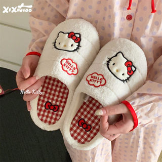 ฉี่ รองเท้าแตะผ้าฝ้ายลายสก๊อตลูกแมวฤดูหนาวสบายบ้านหญิงให้อบอ…