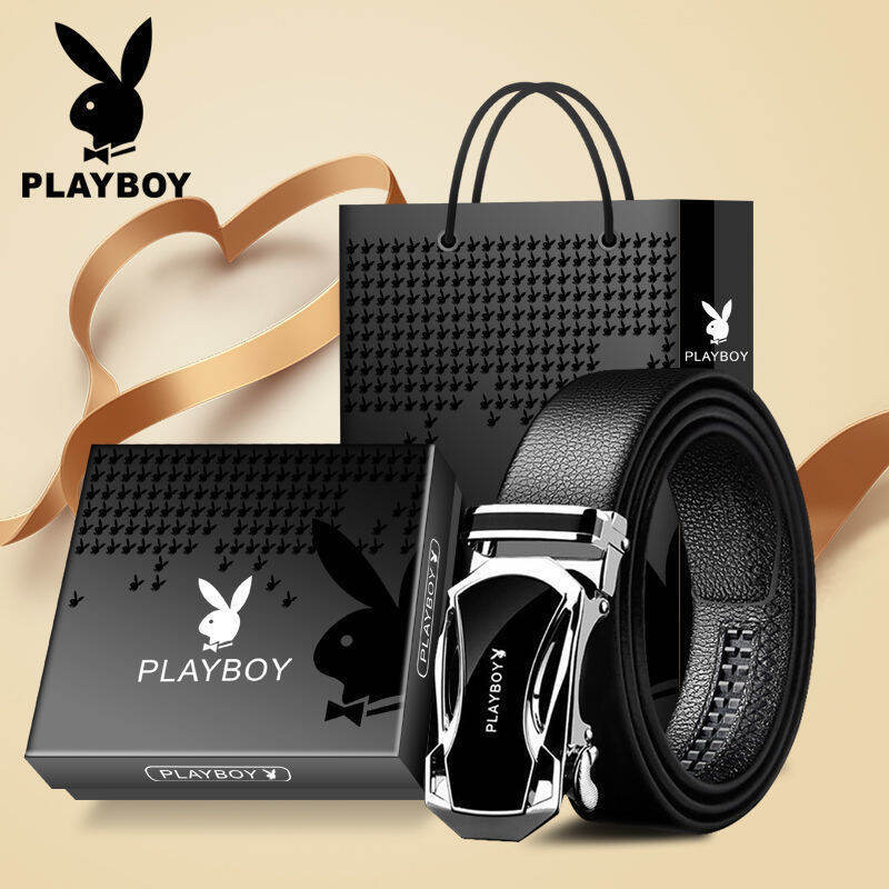 เข็มขัดหนังวัวสำหรับผู้ชาย แบรนด์ Playboy สินค้ายอดนิยม มาพร้อมกล่องของขวัญ และหัวเข็มขัดอัตโนมัติ