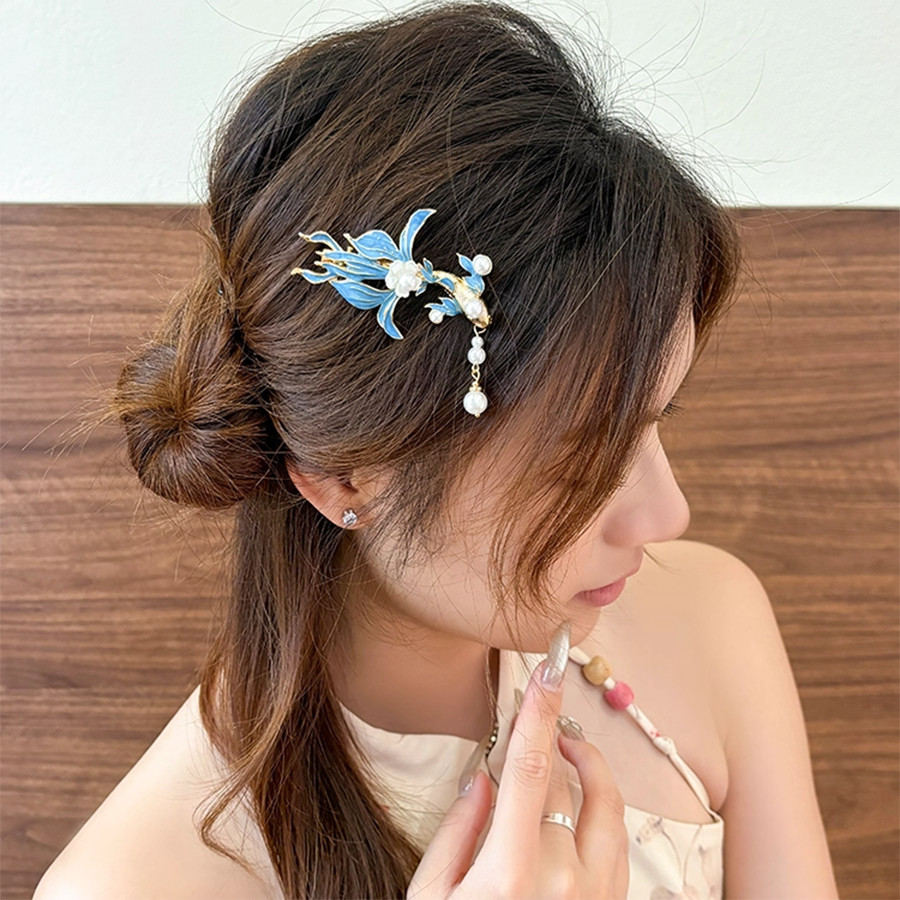 กิ๊บติดผมทรงปลาคาร์พแบบโบราณ สไตล์เรโทร คลิปทรงไก่เผาสีฟ้า สำหรับแต่งหน้ายามราตรี - รูปที่ 2