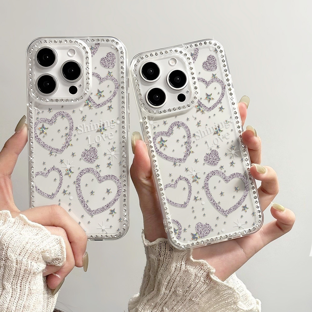 ลวดลายหัวใจแวววาว เคส For iPhone 17 Air 13 11 14 12 16 15 Pro Max ซิลิโคนอ่อนนุ่ม เคสฝาหลังกันกระแทกประดับเพชรสุดหรู