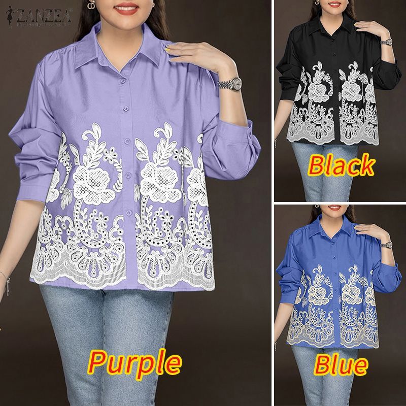 ZANZEA เสื้อแขนยาวพิมพ์ลายสีทึบ สไตล์เกาหลีสำหรับผู้หญิง สวมใส่ง่ายในวันสบายๆ — صورة 3