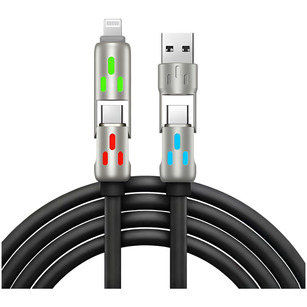 สายชาร์จ USB 4-in-1, สายไฟชาร์จเร็ว PD 240W พร้อมชิป E-Marker, แสงคอลัมน์ผลสีดํา 2 ม. ซิลิโคน Univer