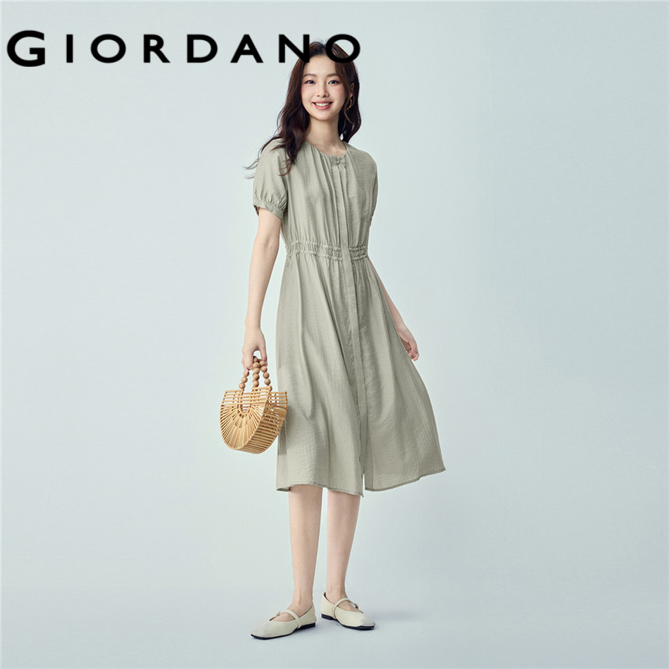 GIORDANO WOMEN Pleated round neck hidden zipper waist woven dress - High Quality 05466068