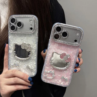 Kawaii Hello Kitty กระจกแต่งหน้าเคสโทรศัพท์สําหรับ iPhone 17 16 15 14 13 12 11 Pro Max Plus Air Shell Texture กันกระแทก